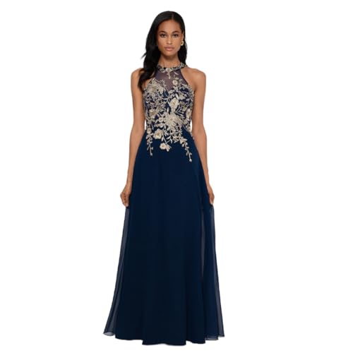 Betsy & Adam Floral Embroidered Halter Formal Evening Gown, Navy/Gold, 6P | Women's Floor Length Sleeveless A-Line Dress with Illusion Mesh Neckline, Embroidered Bodice & Flowy Chiffon Skirt