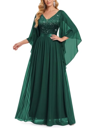 Miusol Women's Deep-V Neck Lace Contrast Sequin 3/4 Sleeve Formal Evening Maxi Dress (Medium, Dark Green)