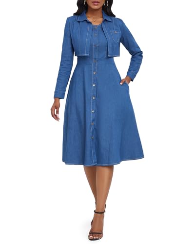 VERWIN Two Pieces Denim Dress with Jackets Midi Dress Button Down Party Long Sleeve Shirt Dress Outfits M Blue