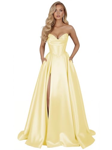 Lxhome Satin Strapless Beaded Prom Dress with Pockets Yellow Size 4
