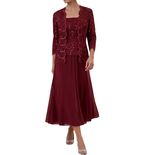 Mother of The Bride Dresses for Wedding Tea Length Lace Chiffon Formal Dress 2 Piece Grandmother Dresses with Jackets Burgundy