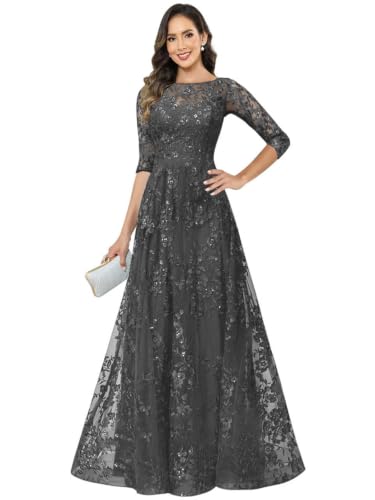 Djkvmd Gray Mother If The Groom Dresses with Sleeves A Line Sequin Lace Mother of The Bride Dress Size16