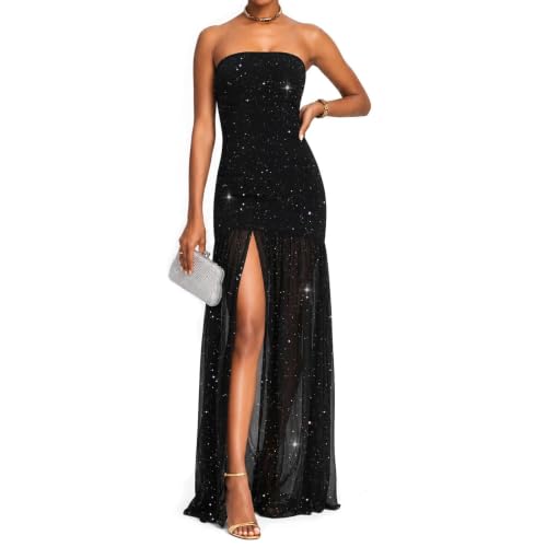 GUCURIN Women Sparkly Maxi Dress Strapless High Slit Mesh Dress Cocktail Party M,Black