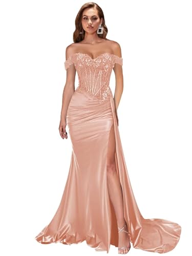 Women's Off The Shoulder Satin Bridesmaid Dresses Long Slit Mermaid Prom Dress 2025 Lace Applique Corset Party Gowns Rose Gold