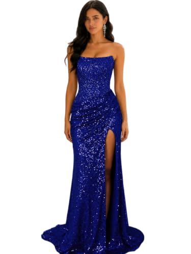 Sparkly Sequin Evening Dress Strapless Corset Prom Dress Mermaid Pleated Long Cocktail Gown with Slit Royal Blue US04