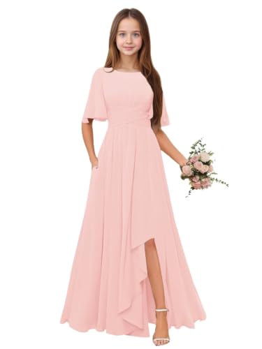 Qgeno Flower Girl Dresses Size 6 Blush Pink Junior Bridesmaid Dresses Chiffon Scoop Neck A Line Teen Wedding Party Gowns