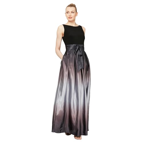 S.L. Fashions Women's Long Satin Mother of the Bride Dress with Pockets, Formal Party Gown, Black Sliver, 12P