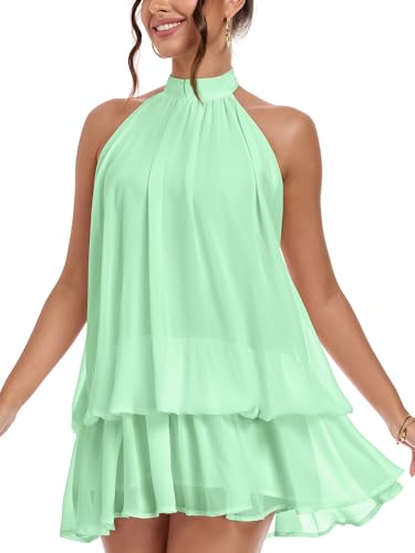 NWFZCCP Bubble Mini Dress for Women Concert Flowy Elegant Mint Green Small | Backless,Sleeveless,Halter,Club,Birthday,