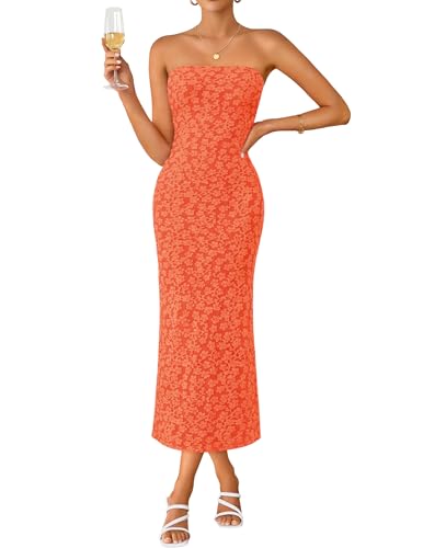 ZESICA Women's Floral Strapless Bodycon Weeding Guest Dress Orange Red M