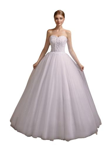 Xuyudita Women's Sweetheart Applique Beaded Corset Bridal Shiny Tull Wedding Dresses for Bride (White,14)