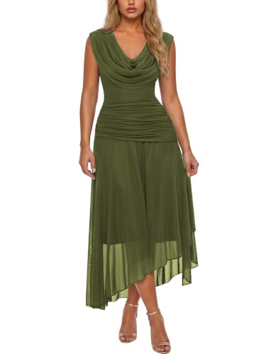 AISIZE Women's Flowy Mesh Cowl Neck Ruched Asymmetrical Cocktail Dress | Soft breathable, high-low hem, flattering ruching, dressy, stretch, for vacations, weddings, parties, formal events, birthday