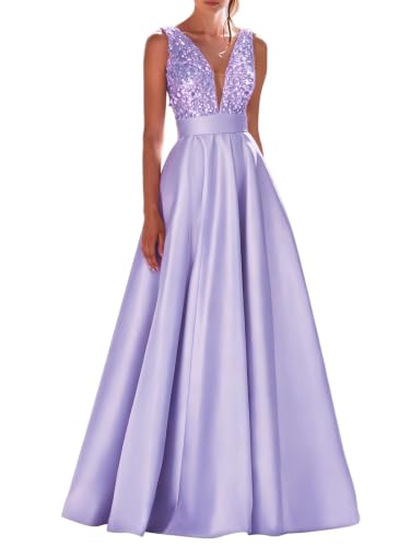 Liopus V Neck Prom Dress Long Satin Sequin Formal Gown Lavender US6