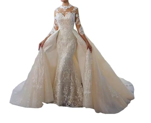2 peices Princess Mermaid Women Bridal Ball Gown with Detachable Train Wedding Dress for Bride Long Sleeve White