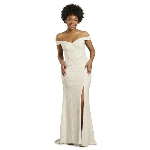 David's Bridal White Corset Bodice Lace Off Shoulder A-Line Wedding Dress