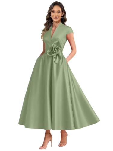 Petite Mother of The Bride Dresses with Pockets Satin V Neck Evening Dress