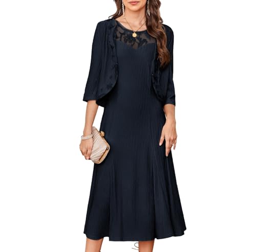 GRACE KARIN Mother of The Bride Dresses Wedding Guest Dresses with Jacket | Navy L CrewNeck,Sleeveless,Midi,Tea Length,Sequin,Lace,Stretchy,Knit,3/4 Sleeve Cardigan,Formal&Cocktail&Party&Prom