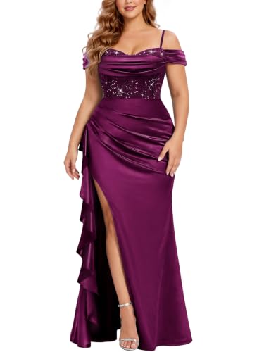 MISSMAY Women's Plus Size Formal Off Shoulder Split Satin Bridesmaid Dress | Wedding Guest,Sequin Lace,Sleeveless,V-Neck,Ruched Mermaid Party Evening Gowns Long Dress,Gala Dress Cocktail for Curvy Women