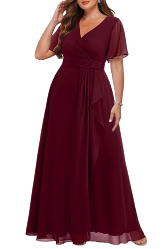 Plus Size Formal Dress Burgundy Wedding Guest Chiffon Long Dress Women