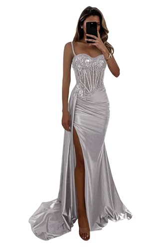 Seabinayed Satin Corset Prom Dresses 2025 Lace Applique Sparkly Silver Mermaid Long Ruched Bodycon Split Party Formal Evening Gowns for Women US6