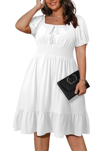 Eytino Plus Size Dress for Women Short Sleeve Square Neck Ruffle Flowy Drawstring Mini Short Dresses,5X White