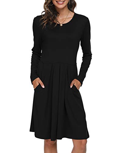 DouBCQ Women's Casual Long Sleeve Flowy Pleated Dresses 0-Black XL