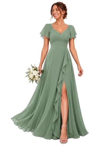 BABYONLINE D.R.E.S.S. Women's Pleated Bridesmaid Dresses V-Neck Flutter Sleeve Long Formal Dress with Slit Sage Green 12