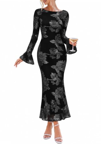 MEROKEETY Women's Floral Wedding Guest Cocktail Maxi Dress, Black, M