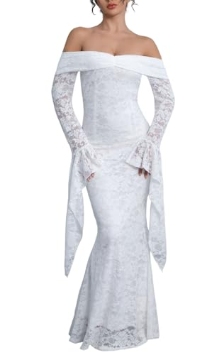MERMAID'S CLOSET Off Shoulder White Lace Maxi Wedding Dress Bell Sleeve