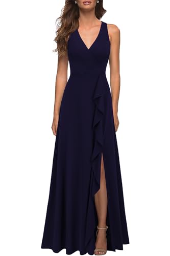 WOOSEA Women's Deep V Neck Sexy Split Evening Cocktail Party Maxi A-Line Long Formal Dress Navy Blue