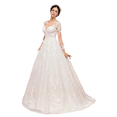 Jamille Beach Wedding Dresses for Bride 2025 Illusion Neck Bridal Dress Long Sleeve Beach Lace Applique Empire Waist A Line White 14 JA0261