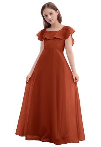 Ciynsia Junior Bridesmaid Dresses Long Chiffon Ruffle Flutter Sleeves Flower Girl Dress for Teen A Line Elegant Square Neck Formal Gowns for Wedding 2026 Rust Red Size 4