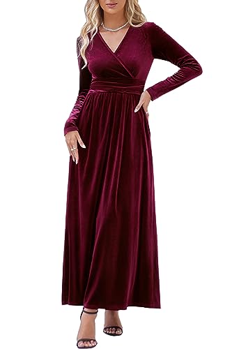 OUGES Women's Warp Maxi Fall Cocktail Formal Dress(Velvet Wine Red,L)