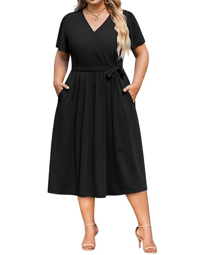 IN'VOLAND Womens Plus Size Dress Summer Midi Solid Color Black Dresses