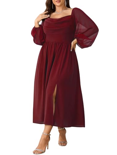 SHESTARR Women's Plus Size Chiffon Long Sleeve Cowl Neck Maxi Dress Red
