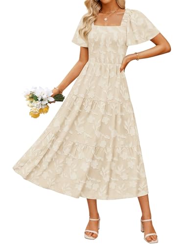 ZESICA Womens 2026 Summer Boho Wedding Guest Midi Dresses Apricot S | Short Sleeve, Square Neck, Floral Flowy A Line Dress, Beach Vacation Dress, Graduation Long Dresse, Cute Casual with Pockets