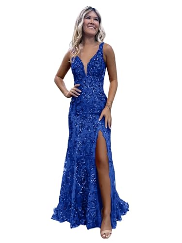 KIRGNT Women's Royal Blue Sparkly Mermaid Prom Dresses 2025 with Slit Sleeveless V Neck Long Sequin Formal Evening Party Gowns US8