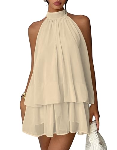 Women Flowy Chiffon Halter Dress Ruffle Mini Wedding Guest Date Night Beige