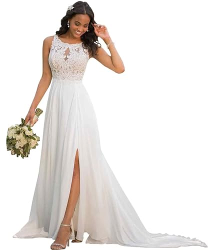 Women's Lace Beach Wedding Dresses for Bride A-Line Chiffon Boho High Neck Long Wedding Gowns with Slit White 16