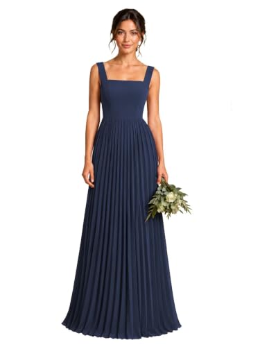 Cntbaren Navy Blue Chiffon Square Neck Bridesmaid Dresses for Women L