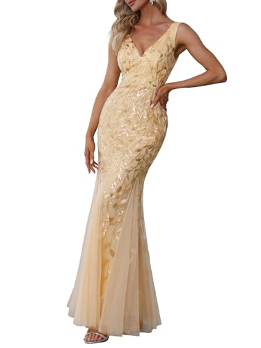Ever-Pretty Women's Sequin Mermaid Double V-Neck Sleeveless Formal Dress | Sequin Embroidery, Formal Evening Gown, Bodycon, Floor Length, Mother of Bride Dresses, Gold US6