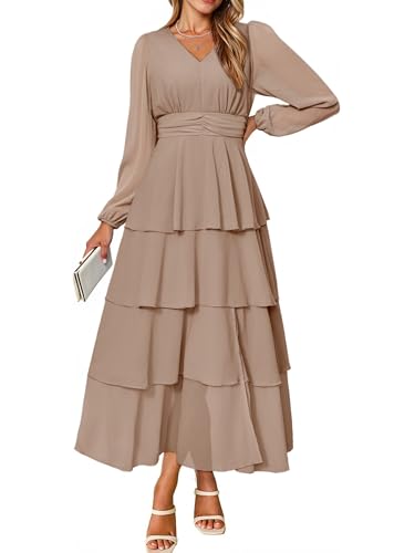 BerryGo Women's Chiffon Maxi Dresses A Line Long Sleeve High Waisted Tiered Swing Holiday Vacation Semi Formal Dress(Khaki,X-Large)