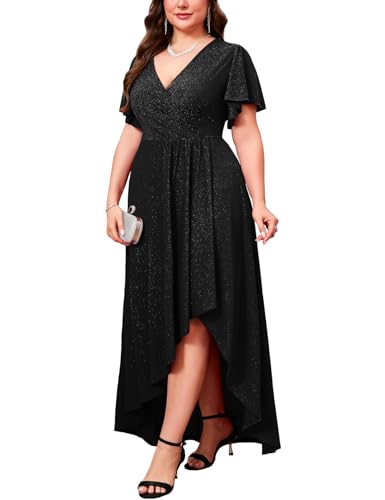 ZOMVA Plus Size 1X-4X Sparkly Glitter Formal Maxi A Line Dress Sparkle Wrap Ruffle Sleeve Prom Dresses Cocktail Evening Gown, Black, 4X