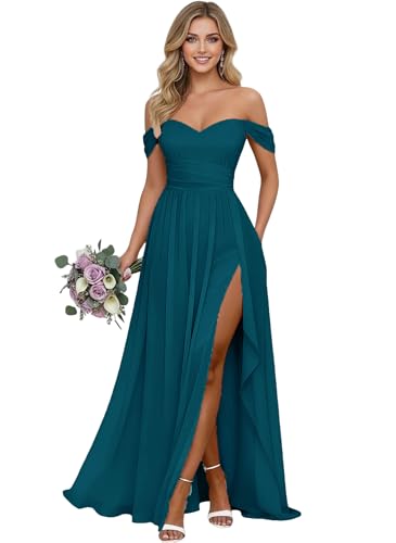 Off Shoulder Chiffon Bridesmaid A Line Slit Wedding Guest Dresses Teal 2