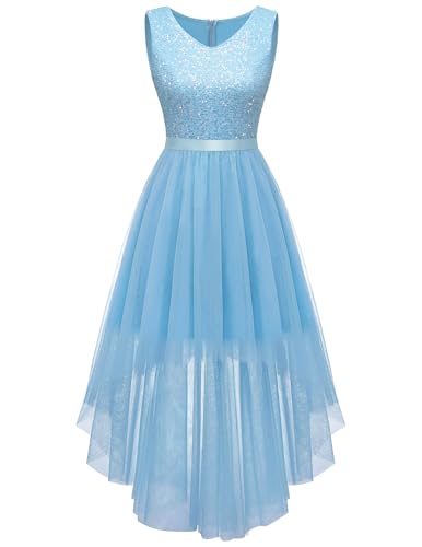 Womens Prom Dress Sequin Tulle A Line High Low V Neck Formal Light Blue 2XL