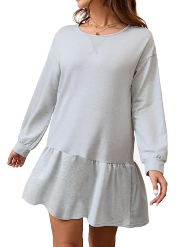 Mini Dress for Women 2026 Spring Winter Cute Patchwork Long Sleeve Ruffled Crewneck Sweatshirt Dresses Casual Sport Pullover Tops Y05 Grey S