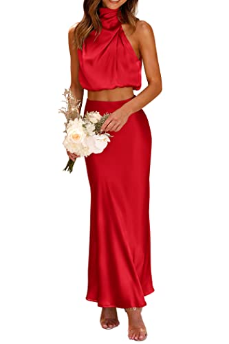 PRETTYGARDEN Women's 2 Piece Outfits Satin Skirt Set Red