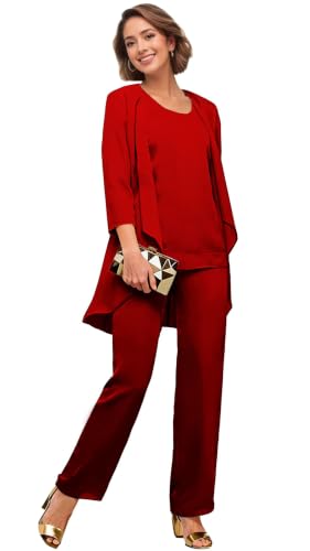 3 Pieces Red Mother of Bride Pantsuits for Wedding Chiffon Pantsuit US12