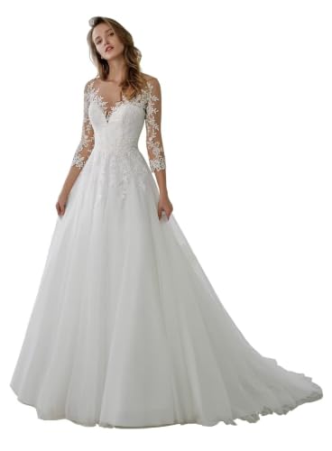 V Neck Tulle Long Sleeve White Wedding Dresses for Bride A Line Bridal Dress Lace Applique Plus Size Maxi Wedding Gown