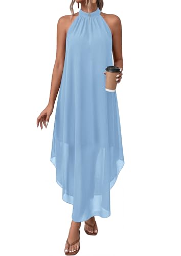 PRETTYGARDEN Women's Summer Wedding Guest Halter Maxi Dresses, Light Blue,S