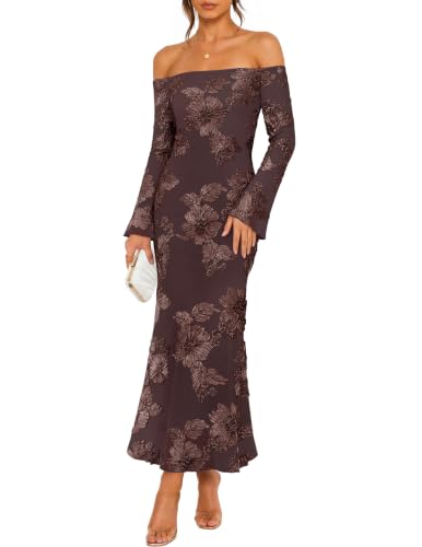 ZESICA Women's Fall Off Shoulder Floral Wedding Guest Maxi Dresses Brown M | Boydcon Long Sleeve, Fully Lined, Cocktail Party, Formal, Bridesmaid, Evening, Date Night, Baby Shower, 2026 Fashion Clothes